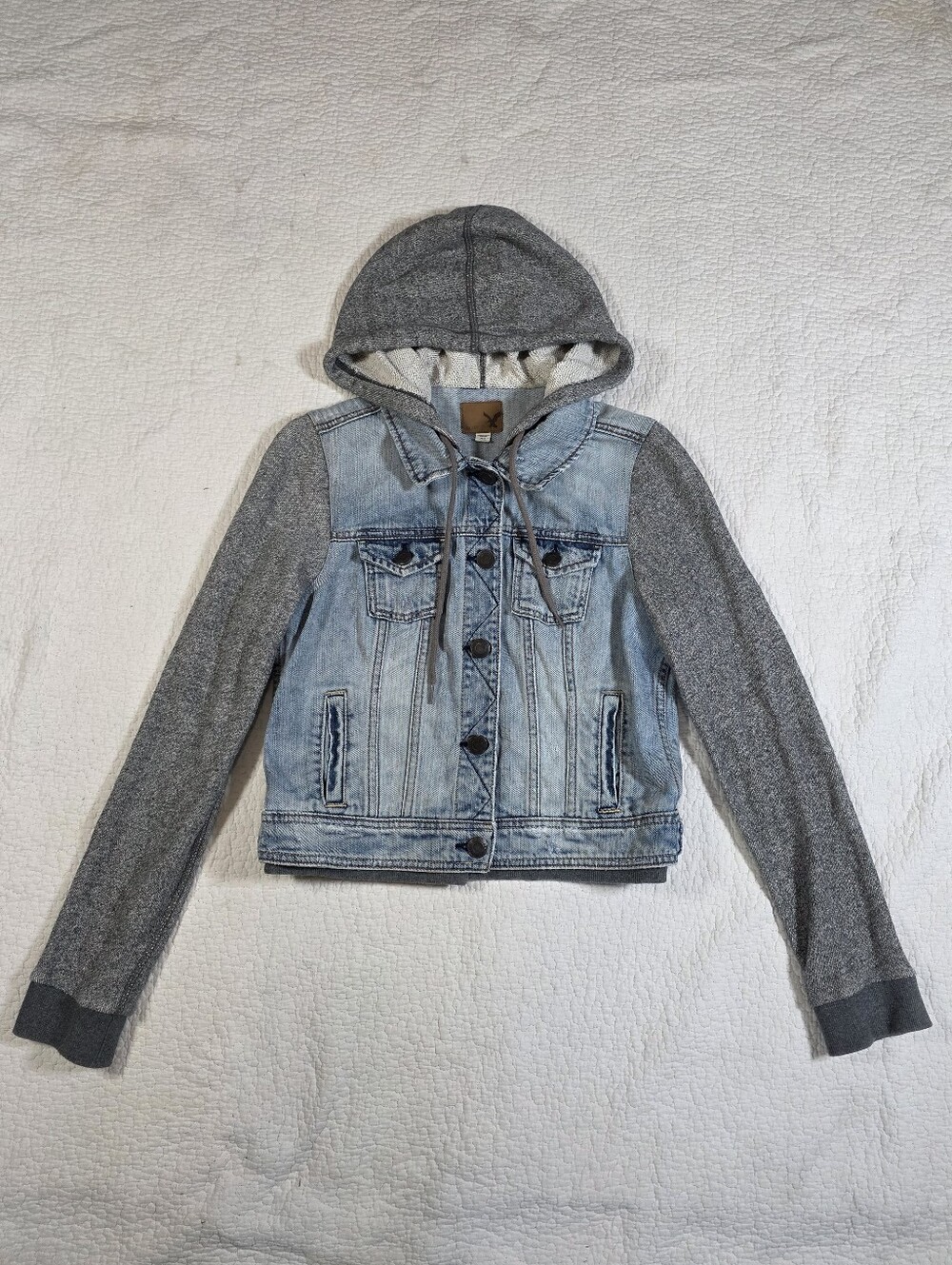 American Eagle Denim Jacket with Grey Knit Hoodie Sleeves